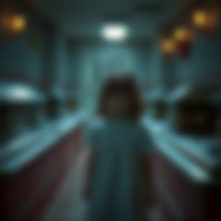 Childhood in Funeral Home A young girl sleepwalking through a dimly lit funeral home, with shadows and silhouettes of caskets in the background, evoking a spooky atmosphere.