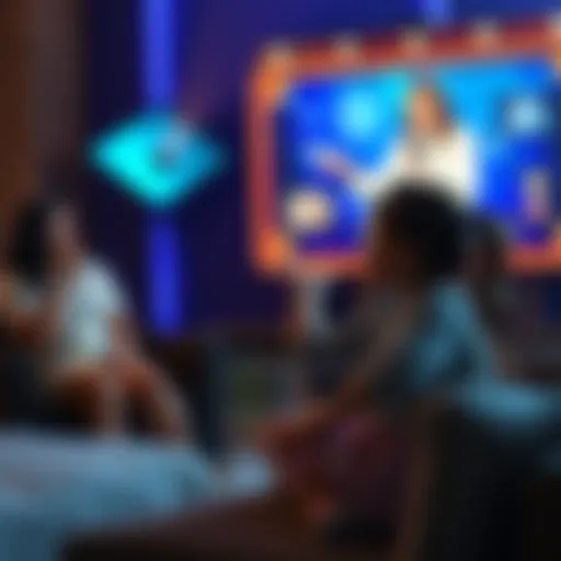A young girl sitting on a couch, staring at a TV screen where a game show host is smiling and pointing as if inviting her to join the show.