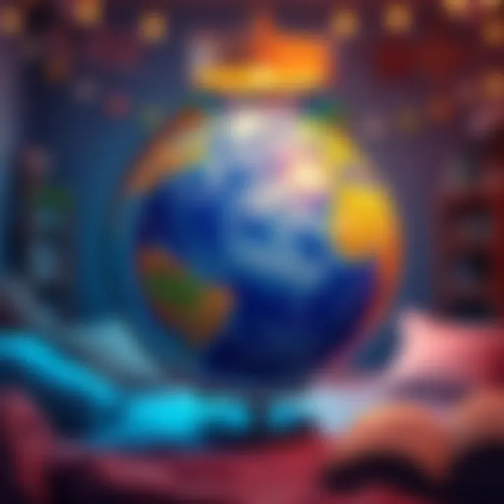 A colorful globe highlighting the fictional landmass of Arctica surrounded by ocean, set in a cozy room with childhood memories