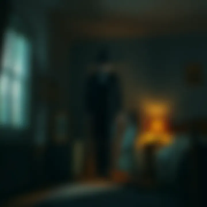 A tall shadowy figure in a top hat stands beside a small girl in a dimly lit childhood room, evoking eerie memories