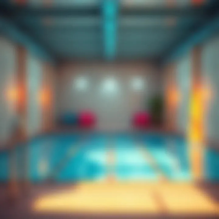 A nostalgic view of a hotel pool room with bright blue water and colorful poolside chairs, capturing a mix of dream and reality.