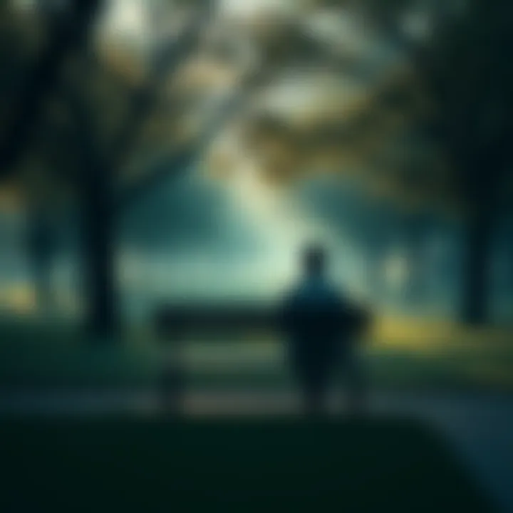 A person sitting alone on a park bench, lost in thought, surrounded by trees representing memories and emotions.