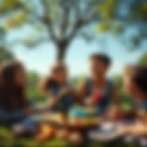 A group of friends laughing and enjoying a picnic in a sunny park, surrounded by trees and a blanket of food.