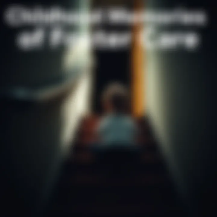 A young child sitting on a worn staircase, looking out at a dark hallway with shadows cast on the walls, evoking a sense of unease and reflection on past experiences.