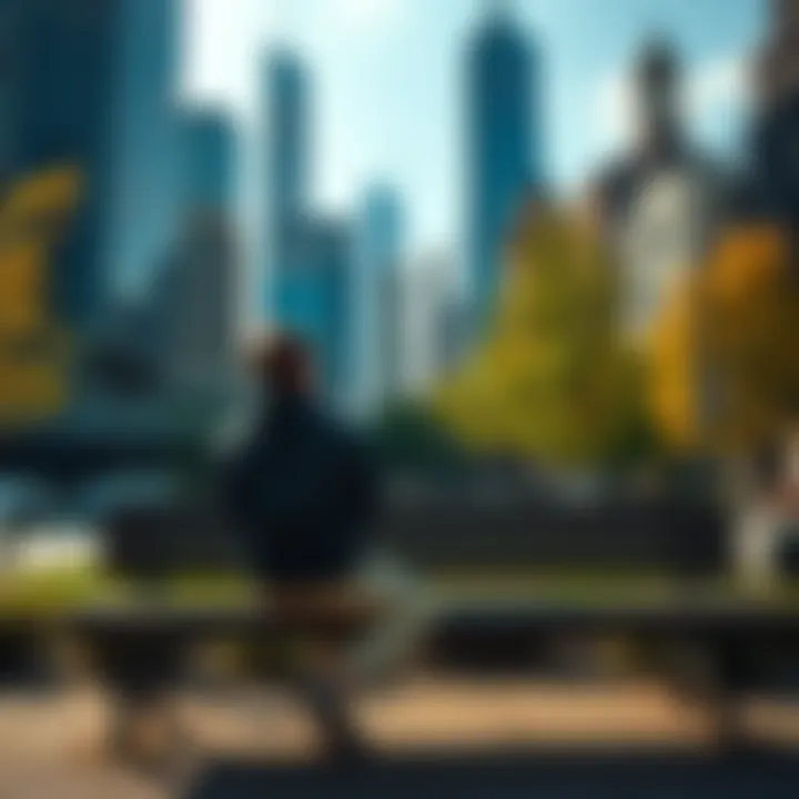 A person sits on a park bench in New York City, looking contemplative as they remember their childhood. Skyscrapers and greenery surround them, symbolizing a mix of past experiences and present though...