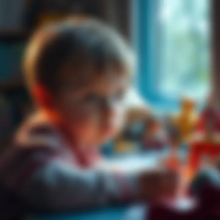 Childhood Memories of Past Lives A young child looking thoughtful, surrounded by toys and drawings, representing memories and imagination about past lives