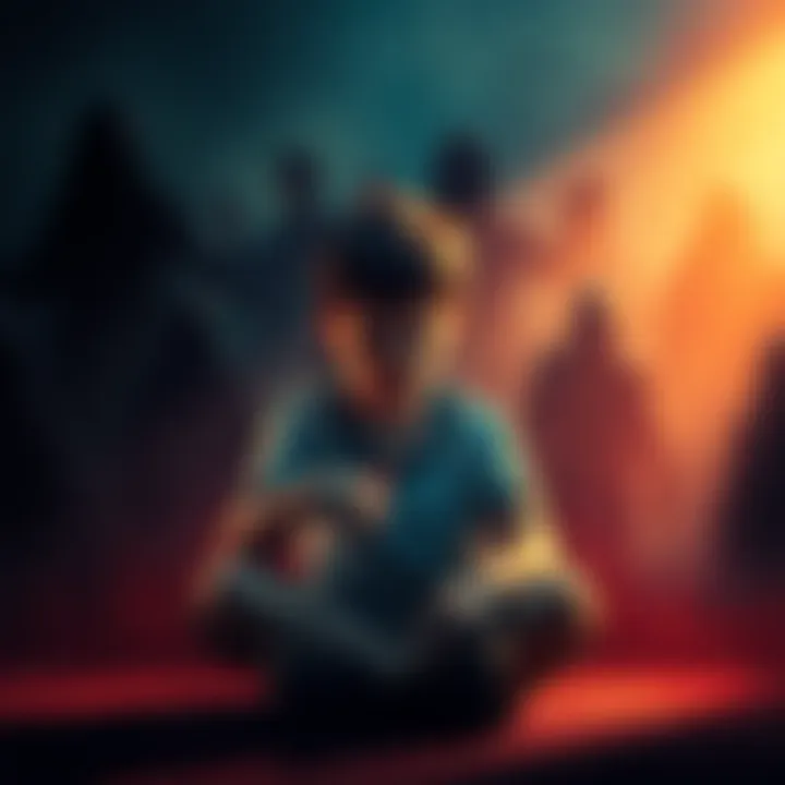 A young boy sitting alone, holding his head with a pained expression, surrounded by shadowy figures representing loud screams in his mind.