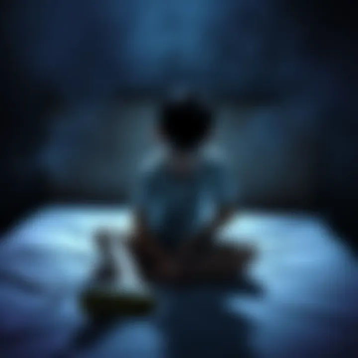 A person sitting on a bed, looking distressed and lost in thought, with dark shadows surrounding them, symbolizing a haunting childhood nightmare.