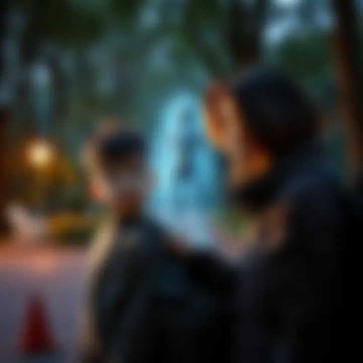 A child and their mom look surprised at a mysterious figure in a park, surrounded by a strange aura, reflecting confusion and calmness.
