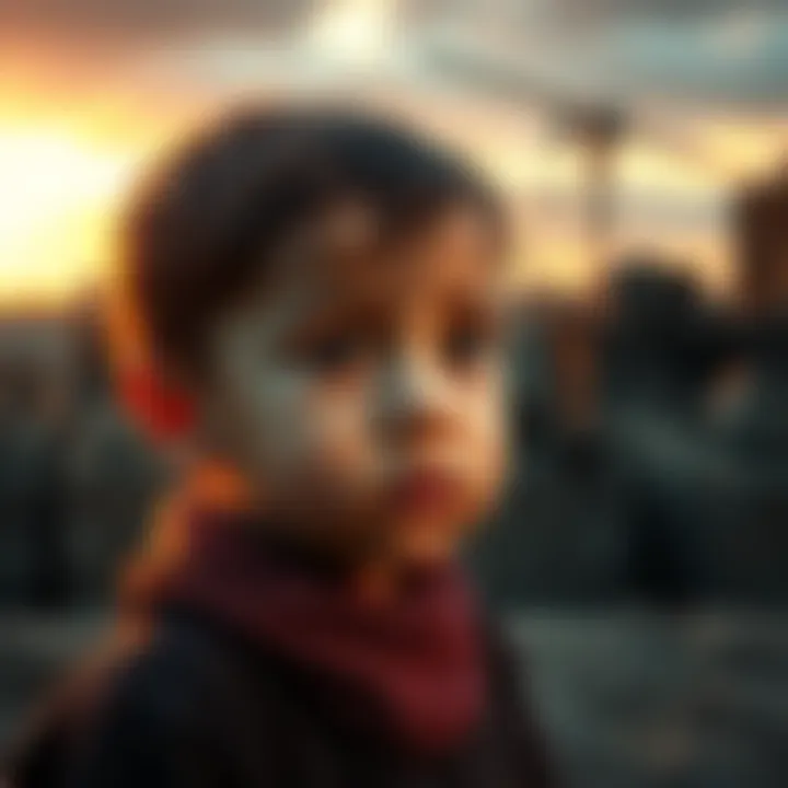 A young child with a somber expression in a desolate urban landscape, symbolizing lost childhood innocence