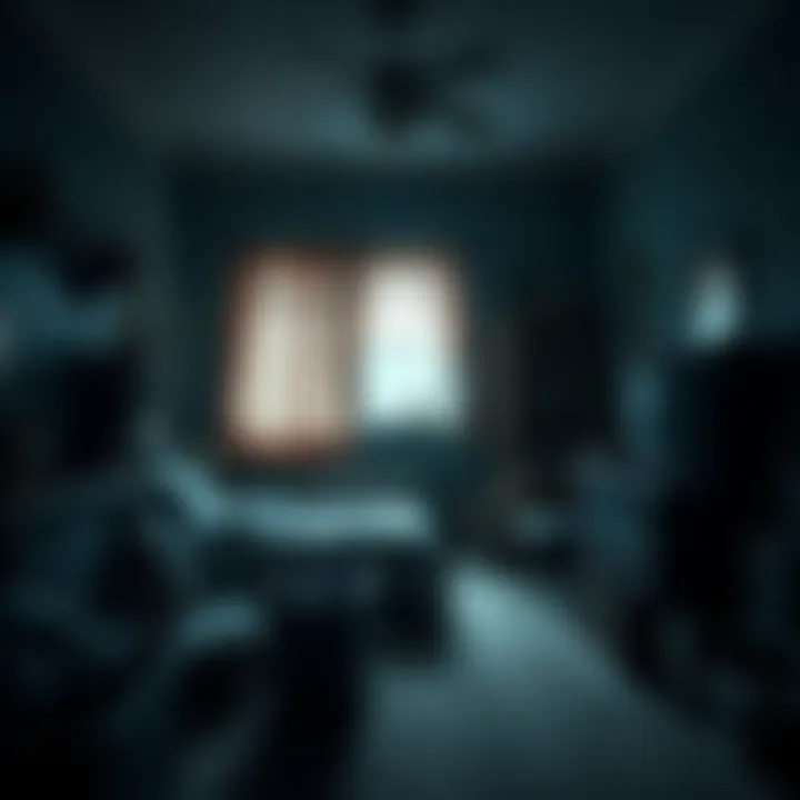 A dimly lit childhood room filled with old toys and boxes, shadows lurking in the corners, creating an eerie atmosphere.