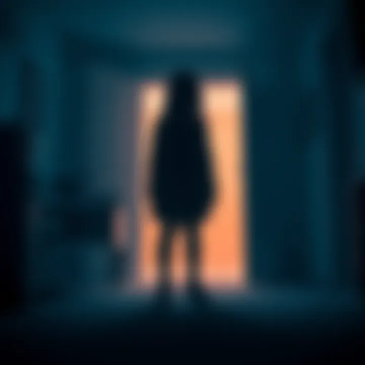 A silhouette of a shadowy figure resembling a person stands in a dimly lit room, evoking childhood memories of mysterious sightings.