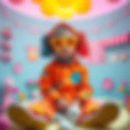 A person with a childlike appearance dressed in bright colors, featuring oversized accessories and playful patterns, sitting in a whimsical setting. The scene evokes a sense of innocence and youth.