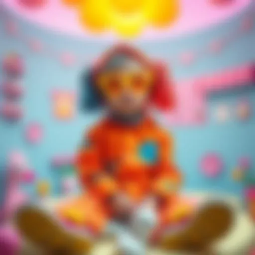 A person with a childlike appearance dressed in bright colors, featuring oversized accessories and playful patterns, sitting in a whimsical setting. The scene evokes a sense of innocence and youth.