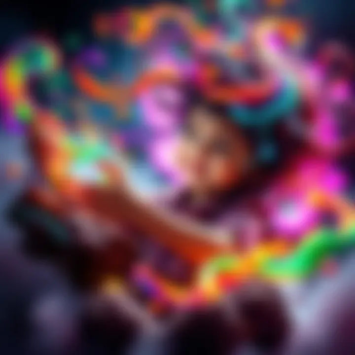 A childlike figure joyfully crafting colorful worlds with imagination, surrounded by swirls of vibrant colors and shapes, symbolizing innocence in creation.