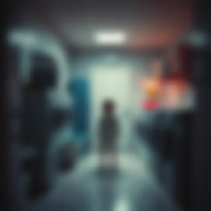 A short, childlike entity appears in a dimly lit basement laundry room, surrounded by laundry baskets and machines.