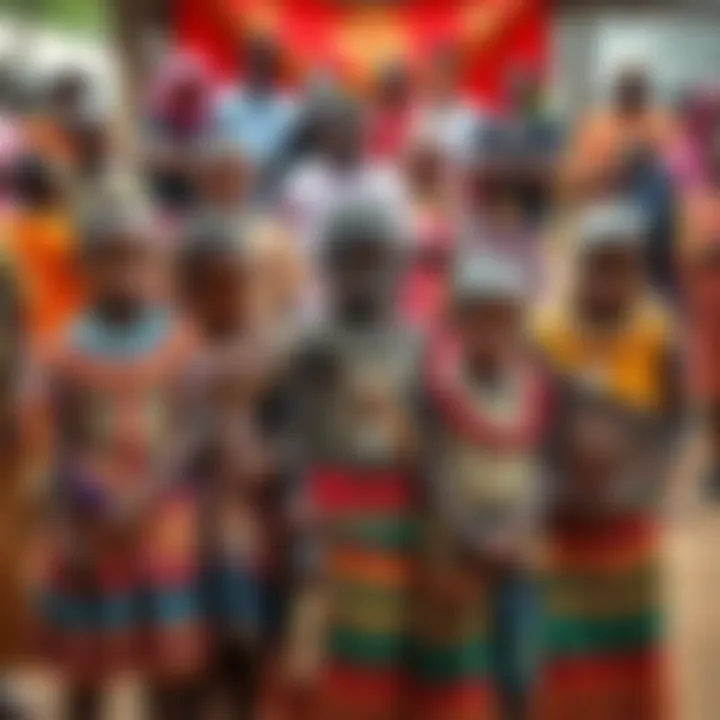 A group of children in Zimbabwe with colorful tribal clothing standing together, alongside adults and DMT users sharing stories in a vibrant gathering, symbolizing their shared experiences with entiti...