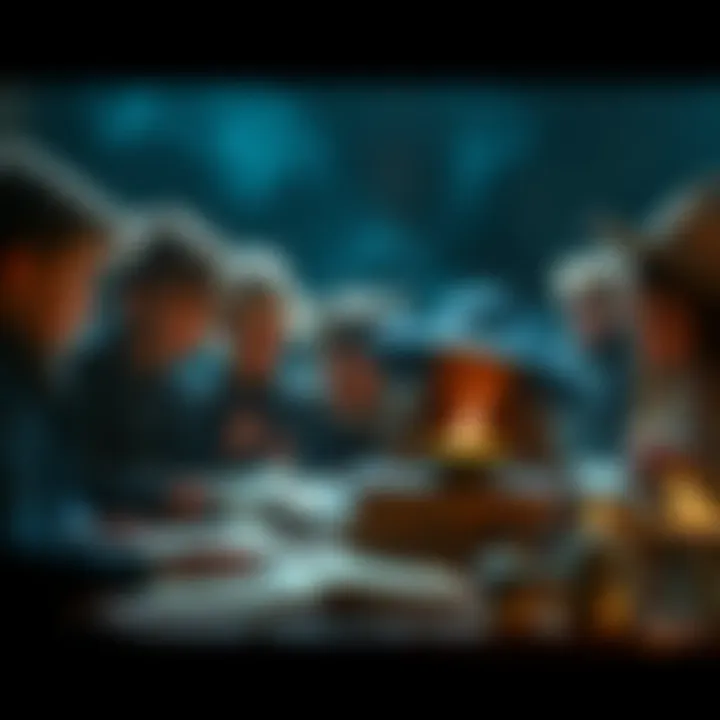 A group of children gathered around a table, exploring books and magical objects related to witchcraft.