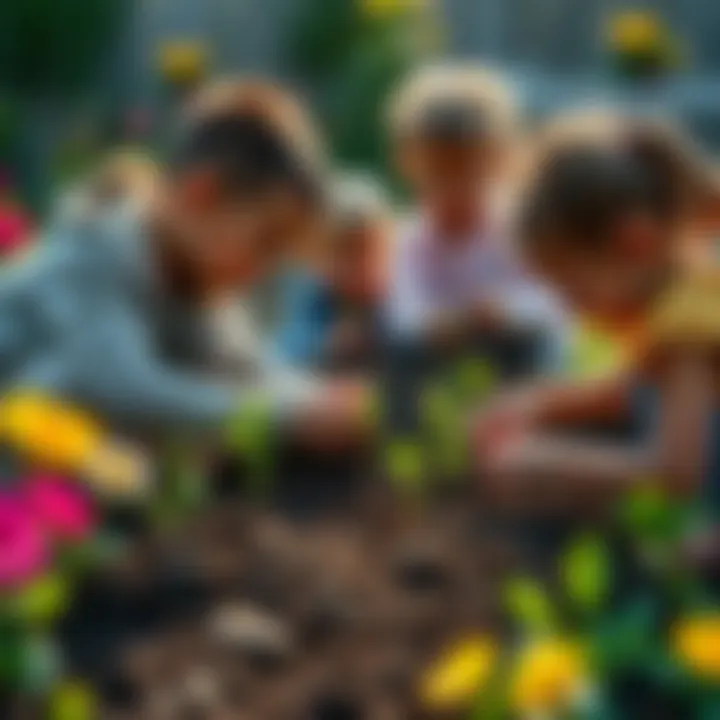 A group of children planting seeds in a vibrant garden, symbolizing growth and nurturing love for future generations.