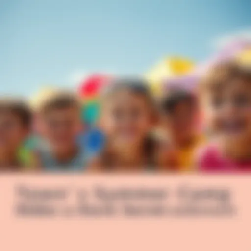 A group of children smiling and playing at a summer camp, with colorful tents in the background, under bright blue skies.