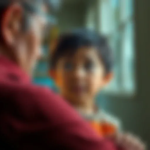 A worried child looks towards an adult, reflecting the tension of having an uncle on parole in the family; showing concern and uncertainty.