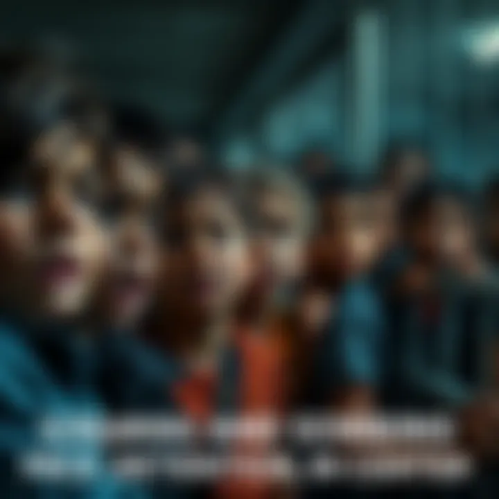 A group of children inside a detention center visibly distressed, with some crying and others looking worried, reflecting the tense atmosphere