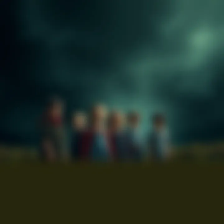 A group of children in a gloomy environment resembling a farm, conveying the eerie themes of The Promised Neverland series.