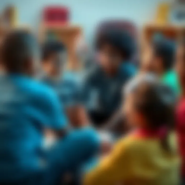 A group of diverse children sitting in a circle, engaged in a conversation about gender identity, with one child raising a hand to speak and others listening attentively.