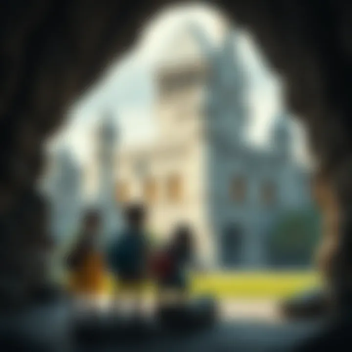 A group of children playing and hiding inside a large stone castle, looking out for a hidden presence