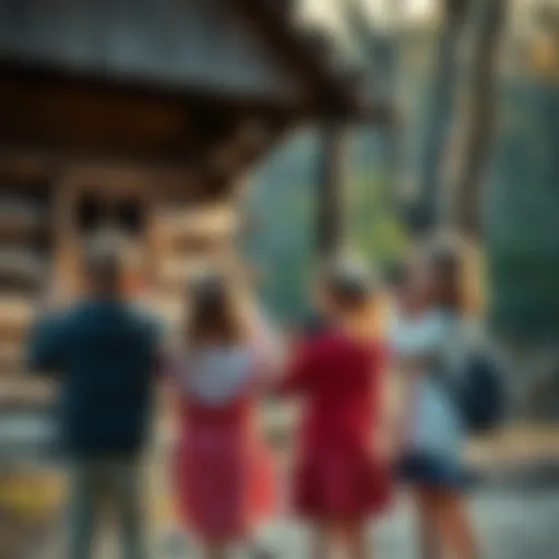 A group of children takes pictures at the site of a historic log cabin, capturing memories of the past.
