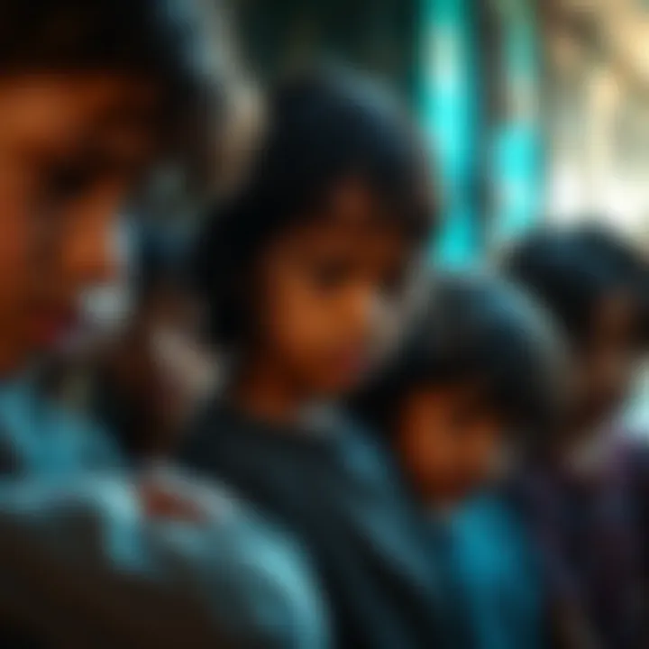Children in distress A group of sad children looking down, expressing feelings of helplessness due to exploitation.