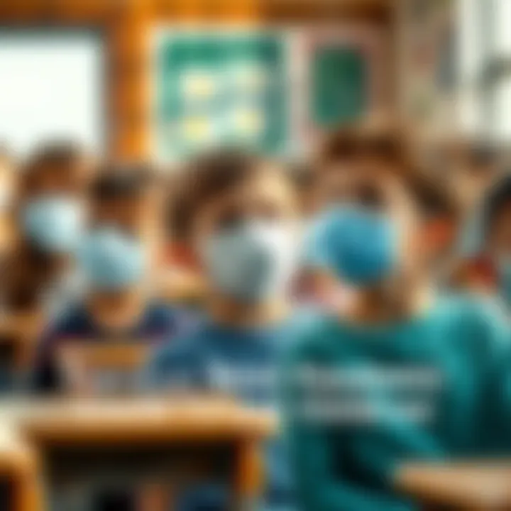 Children wearing masks in a classroom A group of young children in a classroom wearing masks, showing concern about health risks