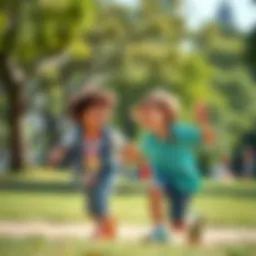 Two 10-year-old kids enjoying a sunny day in Central Park, laughing and playing together, surrounded by trees and the city skyline in the background.