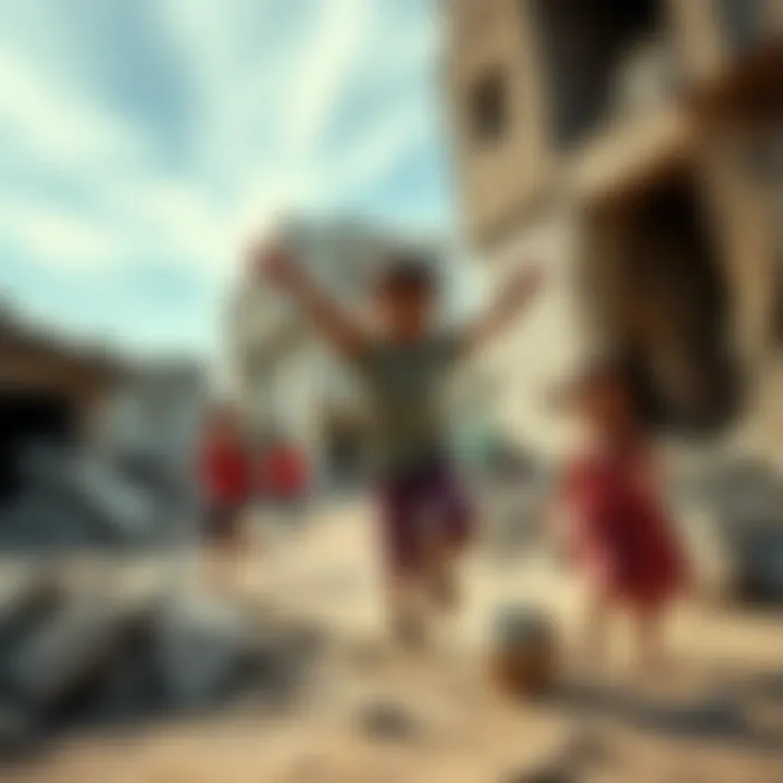 A group of children playing amidst ruins in Gaza, showcasing both joy and hardship after the war.
