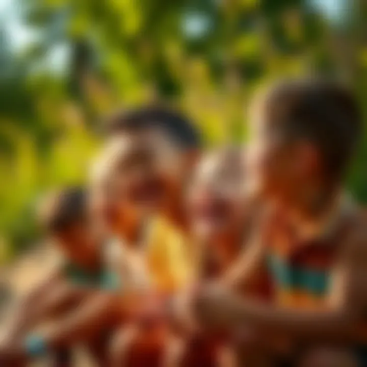 A group of children laughing and playing outside, engaging with nature and enjoying their time together.