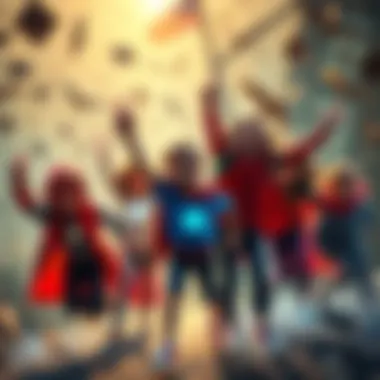 Children with Superpowers A group of children displaying various superpowers like flying and glowing, set against a backdrop of chaos and curiosity.