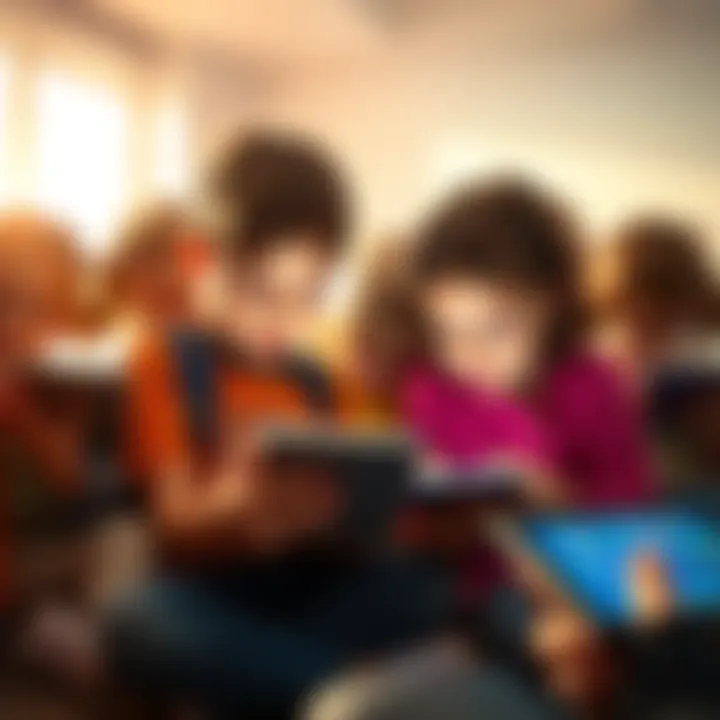 Children Using Technology A group of children gathered around tablets and smartphones, showing intense focus on screens in a bright room