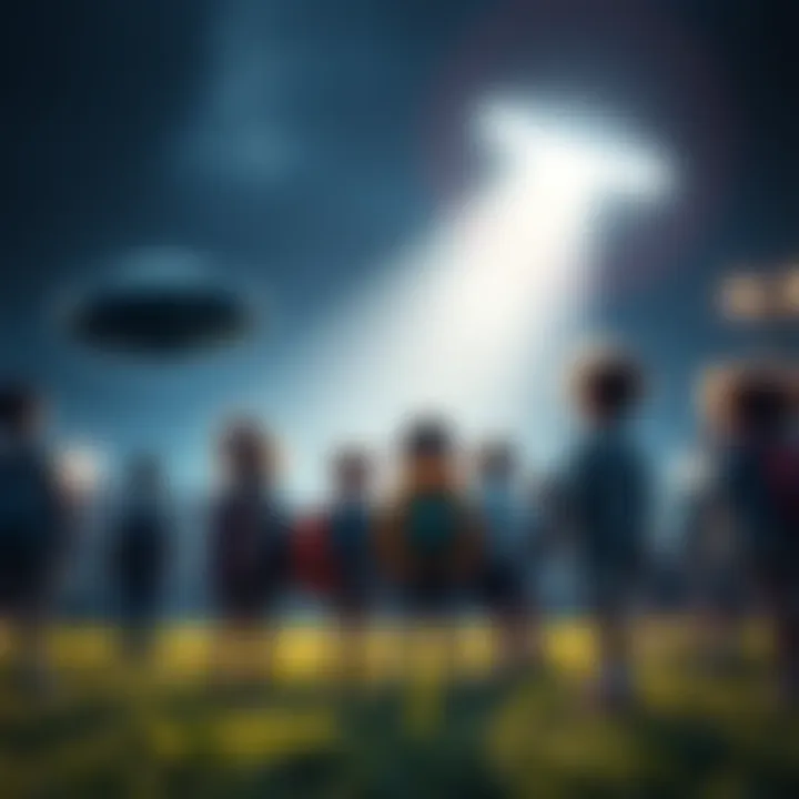 A group of schoolchildren looking up in shock at a white dot in the sky, with one teacher trying to calm them down.