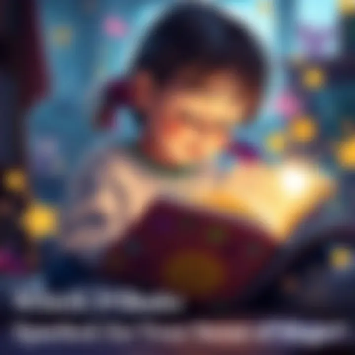 A child reading a colorful book surrounded by whimsical illustrations and sparkles, showing their sense of wonder.