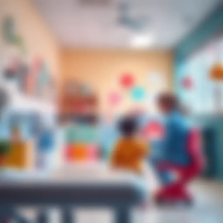 A bright, cheerful neurological clinic for children, featuring playful colors and child-friendly decorations, with a therapist interacting with a young child.