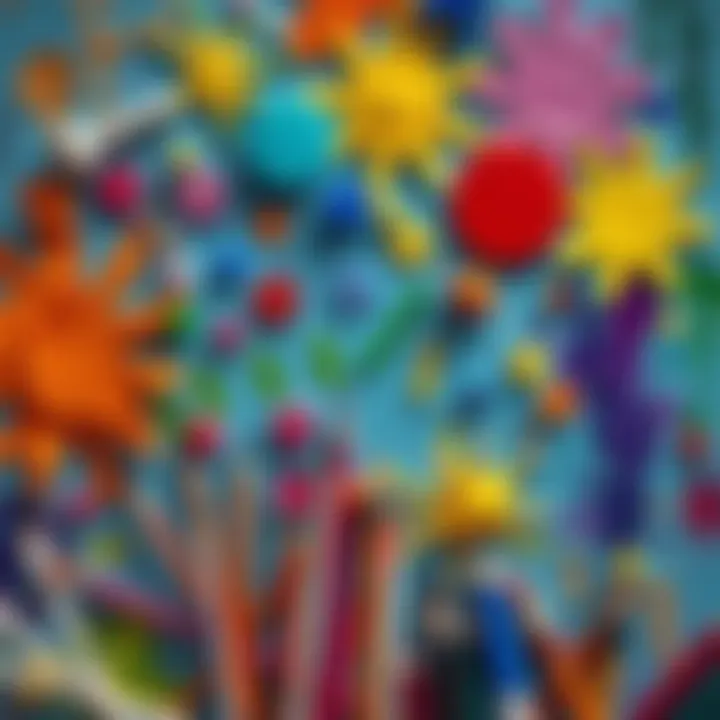 A display of vibrant children's artwork featuring various shapes and colors, showcasing creativity and imagination.