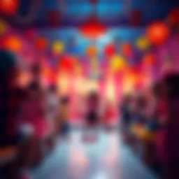 A lively children's party scene with colorful decorations and kids dancing to Aqua's Barbie Girl song.