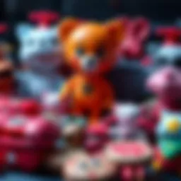 A collection of children's toys displaying unusual symbols, hinting at unsettling connections to a conspiracy.