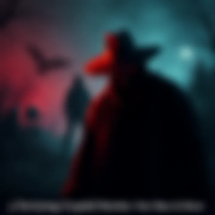 Chilling Cryptid Characters A dark figure in a hat lurking in the shadows alongside a tall, slender figure and a watchful presence among trees.