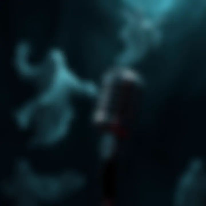 A dark background with a spooky microphone and ghostly figures, inviting people to share their true ghost stories.