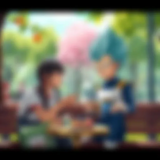 A dreamer enjoying lunch with Vegeta, a character with spiky hair and a blue and white outfit, in a sunny park setting.