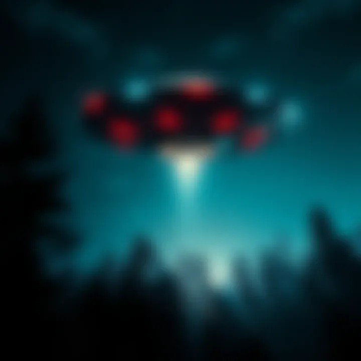 A dark scene featuring a mysterious UFO hovering over a forest at night, with eerie lights shining down.