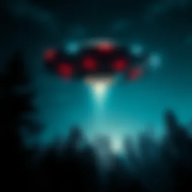 Chilling Alien Movie Scene A dark scene featuring a mysterious UFO hovering over a forest at night, with eerie lights shining down.