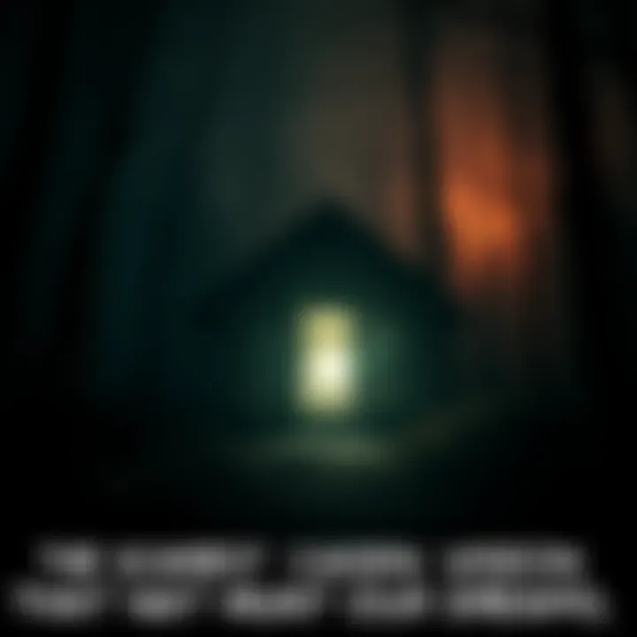 A dimly lit cabin surrounded by dark woods, with an eerie shadow lurking in the background.