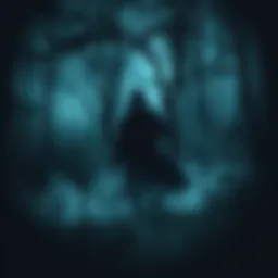 A shadowy figure in a dark forest, surrounded by eerie mist, evoking fear and tension.